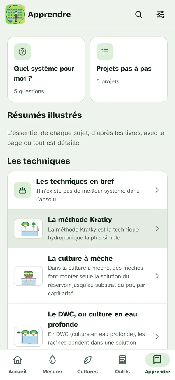 Écran Apprendre de l’appli