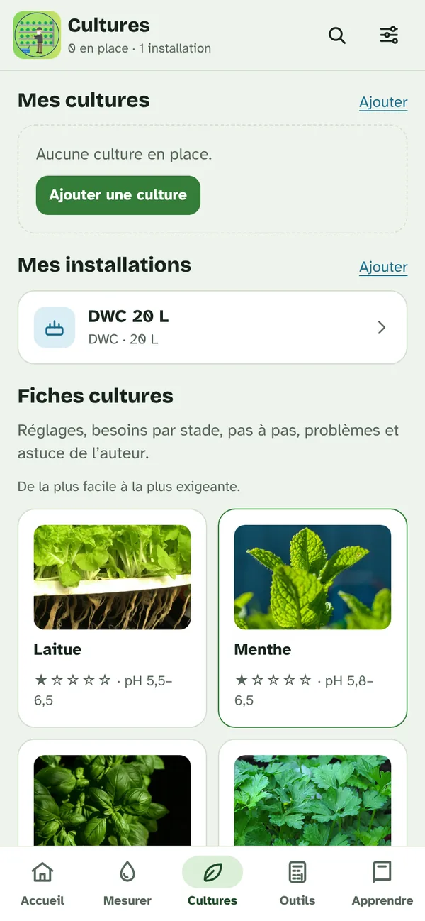 Écran Cultures de l’appli