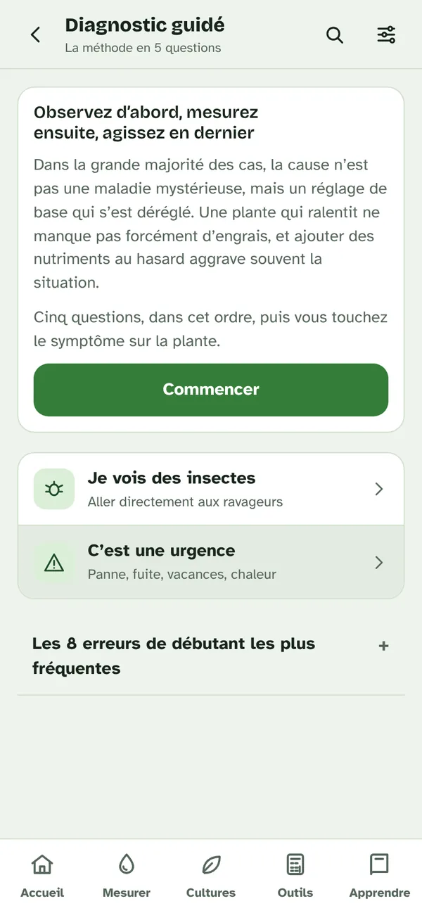 Écran Diagnostic guidé de l’appli