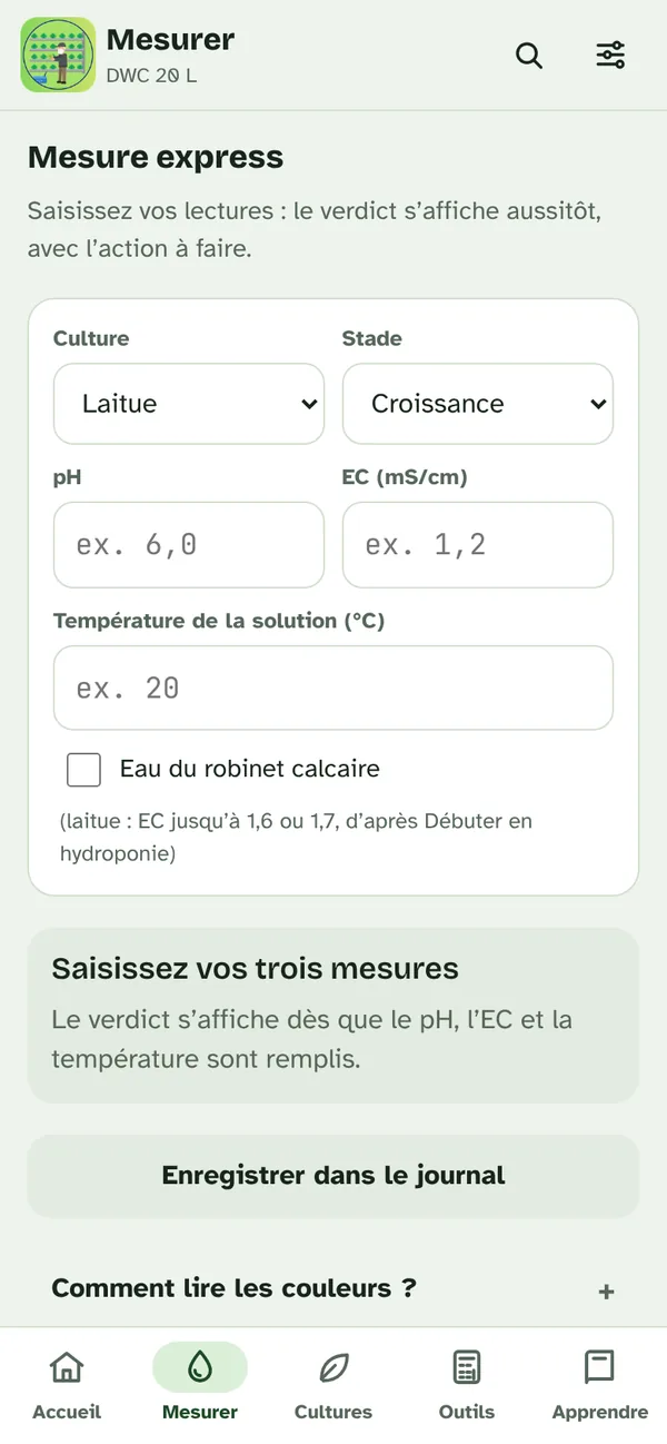Écran Mesurer de l’appli