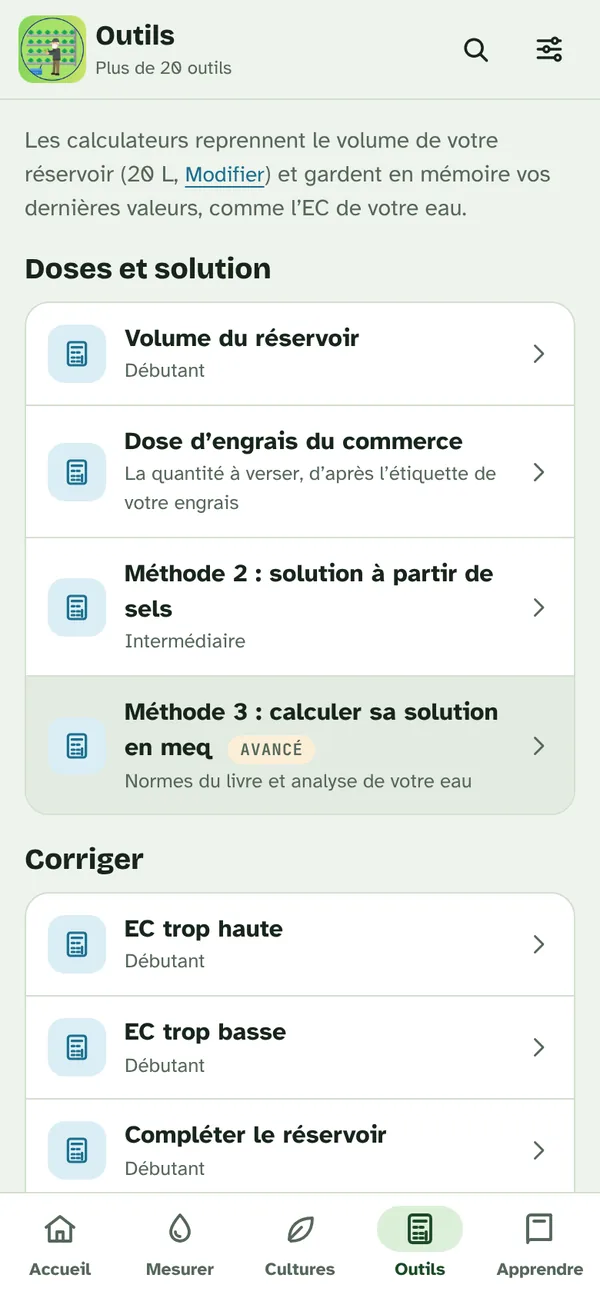Écran Outils de l’appli