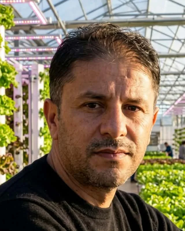 Omar Guernine dans une serre de cultures hors-sol